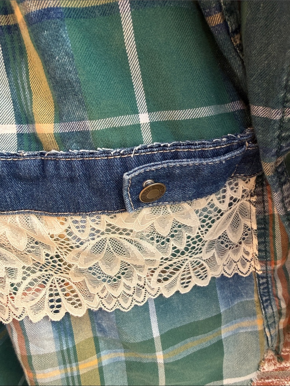 Thunder Brand Plaid Flannel Shirt with Lace and Denim Details - Picture 5 of 9